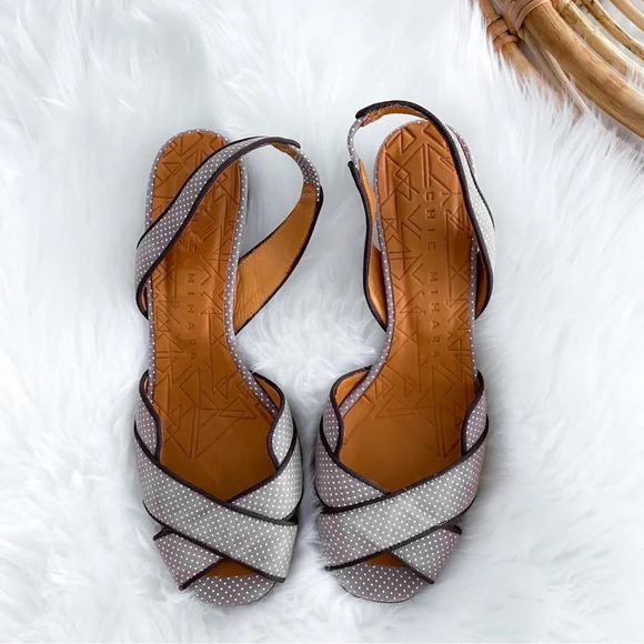 Chie Mihara Polka Dot Heels Slingback Gray Taupe Open Toe - Picture 4 of 12